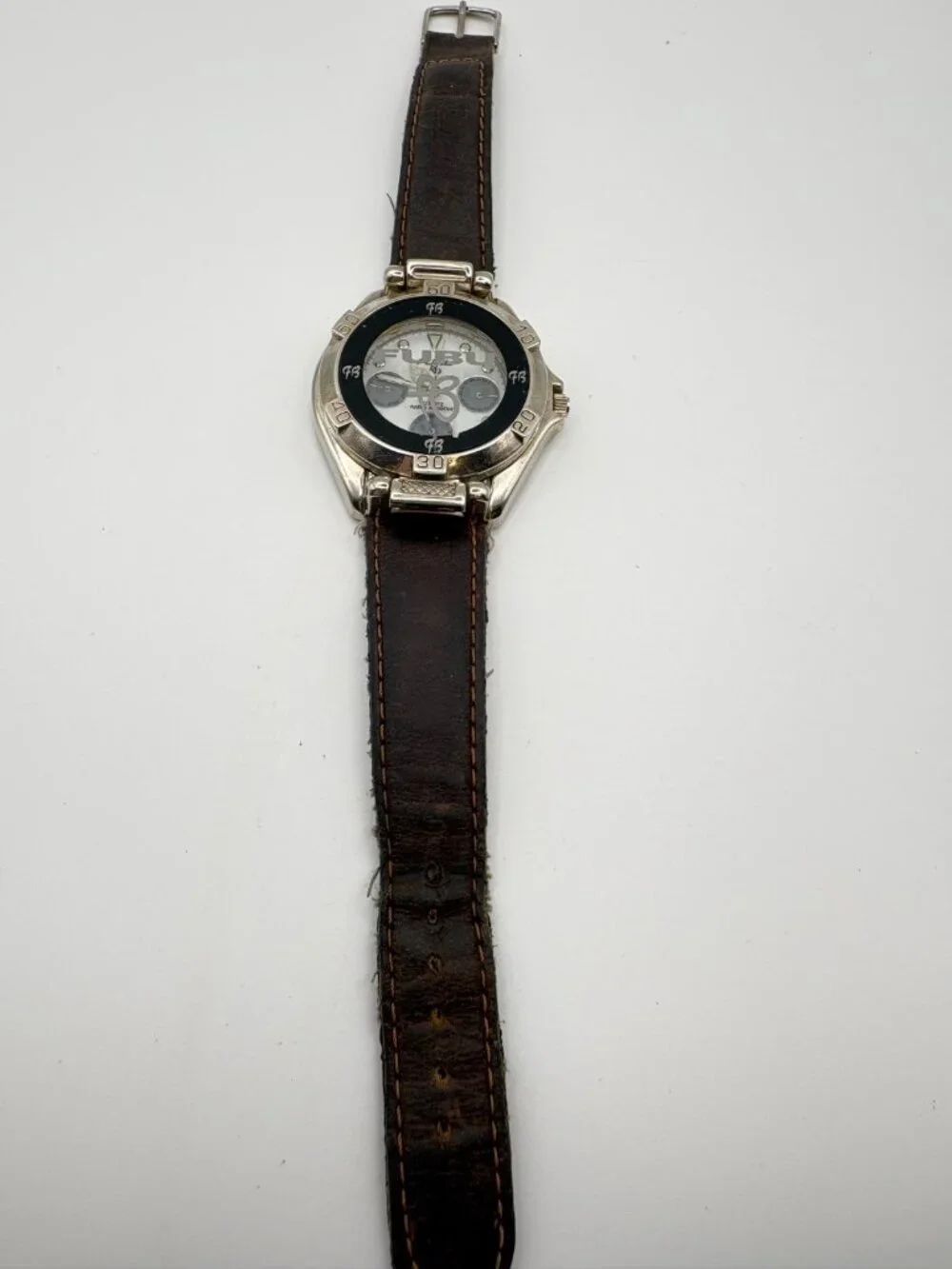 Vintage FUBU Mens Quartz Watch Hinged Flip Cover Silver Tone Leather Band Works